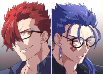 0nodera 2boys @_@ adam's_apple bespectacled blue_hair commentary_request cu_chulainn_(fate) cu_chulainn_alter_(fate) earrings facial_mark fate/grand_order fate_(series) glasses glint gradient_background jewelry male_focus mori_nagayoshi_(fate) multiple_boys ponytail red_eyes red_hair sharp_teeth short_hair sideburns teeth