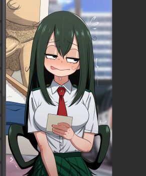 Rule 34 | 1boy, 1girl, asui tsuyu, black eyes, blush, boku no hero academia, breasts, closed mouth, clothed female nude male, collared shirt, completely nude, cropped, dot nose, drooling, fat, fat man, female focus, female masturbation, frog girl, green hair, green skirt, highres, holding, holding photo, large breasts, long hair, looking to the side, male pubic hair, masturbation, miniskirt, necktie, nervous sweating, nude, outdoors, penis, photo (object), pleated skirt, pubic hair, red necktie, school uniform, shirt, shirt tucked in, short sleeves, skirt, ssb, sweat, sweatdrop, testicles, tongue, tongue out, u.a. school uniform, very long hair, white shirt