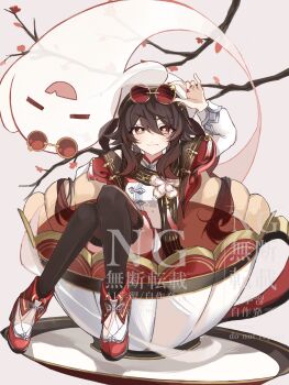 1girl adjusting_eyewear black_thighhighs boo_tao_(genshin_impact) branch brown_hair chinese_clothes cup eyewear_on_head flower-shaped_pupils genshin_impact ghost hat highres hu_tao_(cherries_snow-laden)_(genshin_impact) hu_tao_(genshin_impact) long_hair long_sleeves looking_at_viewer nail_polish official_alternate_costume red-tinted_eyewear red_eyes red_nails round_eyewear saucer situki smile solo symbol-shaped_pupils teacup thighhighs tinted_eyewear twintails white_hat