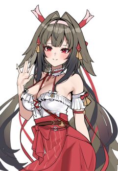 Rule 34 | 1girl, animal ears, bare shoulders, bow, breasts, brown hair, cleavage, collar, commentary, eyeliner, fox ears, fox girl, fox tail, frilled collar, frills, hair ornament, headband, highres, light blush, long hair, long skirt, makeup, matrix16, multicolored hair, official alternate costume, red eyeliner, red eyes, red ribbon, ribbon, shirt, simple background, skirt, smile, streaked hair, tail, very long hair, waving, ye shunguang, zenless zone zero