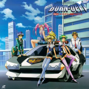 1990s_(style) 1boy 4girls belt bent_over blonde_hair blue_eyes blue_hair breasts brown_hair burn-up burn-up_w car city cover dvd_cover earrings glasses green_hair hairband headband jewelry jinguu_maya kawazaki_maki kinezono_rio legs lilica_evett long_hair long_legs miniskirt motor_vehicle multiple_girls naruo_yuji necktie official_art open_crotch pantyhose pencil_skirt pink_hair police police_uniform policewoman red_eyes retro_artstyle shirt short_hair side_slit skirt thighhighs thighs twintails vehicle_focus yamashita_toshinari yellow_eyes