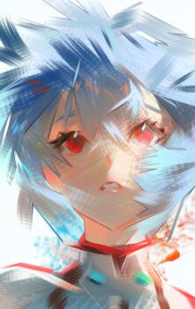 1girl absurdres ayanami_rei blue_hair bodysuit commentary highres mecha_pilot_suit neon_genesis_evangelion nyte_tyde parted_lips plugsuit_(evangelion) red_eyes short_hair solo upper_body white_bodysuit