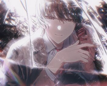 Rule 34 | 1boy, blazer, brown eyes, brown hair, brown jacket, cellphone, closed mouth, collared shirt, death note, flip phone, hair between eyes, hashtag-only commentary, highres, hmaokuro, holding, holding phone, jacket, looking at viewer, male focus, necktie, phone, rain, red necktie, shirt, short hair, smile, solo, talking on phone, transparent, transparent umbrella, umbrella, white shirt, yagami light
