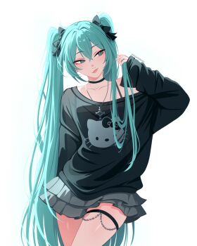 1girl aqua_eyes aqua_hair black_choker choker choppy_bangs collarbone cowboy_shot hatsune_miku hello_kitty hello_kitty_(character) highres long_hair looking_to_the_side miniskirt off_shoulder sanrio simple_background skirt solo thigh_strap twintails upper_body vivianvalenart vocaloid white_background