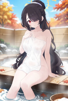 1girl arm_at_side autumn autumn_leaves black_hair blue_archive breasts bucket closed_mouth collarbone covered_navel covering_privates day embarrassed feet_out_of_frame fence hair_over_one_eye halo hand_on_own_chest hand_up hinata_(blue_archive) holding holding_towel knees_together_feet_apart large_breasts leaf light_blush long_hair looking_at_viewer nude_cover one_eye_covered onsen outdoors raised_inner_eyebrows red_eyes sitting soaking_feet solo steam teina towel tree very_long_hair water wavy_hair wet wide_ponytail wooden_bucket yellow_halo