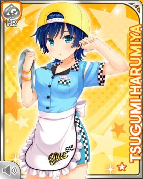 1girl :o apron aqua_eyes backwards_hat baseball_cap blue_dress blue_hair breasts card_(medium) character_name checkered_clothes diner dress girlfriend_(kari) green_eyes harumiya_tsugumi hat looking_at_viewer official_art open_mouth qp:flapper short_hair standing tagme tomboy white_apron yellow_background