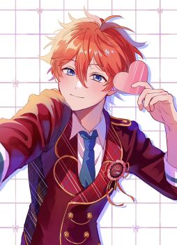1boy akehoshi_subaru blue_eyes blue_necktie chocolat_fes_(ensemble_stars!) closed_mouth commentary ensemble_stars! grid_background hair_between_eyes hand_up heart highres holding holding_heart jacket long_sleeves male_focus necktie norishiopeto official_alternate_costume orange_hair red_jacket short_hair smile solo symbol-only_commentary upper_body