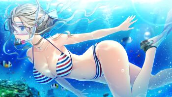 Rule 34 | 1girl, bikini, blue eyes, breasts, brown hair, cleavage, fish, flippers, from side, game cg, goggles, hair ribbon, highres, holding breath, hoshi ori yume mirai, jewelry, koizumi amane, large breasts, leg up, long hair, navel, necklace, okihara misa, ribbon, shell, shell necklace, snorkel in mouth, solo, striped bikini, striped clothes, submerged, swimming, swimsuit, underwater