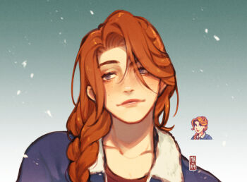 1girl braid coat freckles fur_trim hair_between_eyes highres leah_(stardew_valley) mk/ret orange_hair purple_eyes red_shirt reference_inset shirt stardew_valley