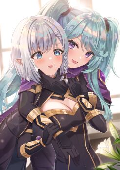 2girls absurdres beta_(kage_no_jitsuryokusha_ni_naritakute!) blue_eyes blue_hair blush elf epsilon_(kage_no_jitsuryokusha_ni_naritakute!) flower highres kage_no_jitsuryokusha_ni_naritakute! long_hair matsumoto_yuu multiple_girls pointy_ears purple_eyes white_hair
