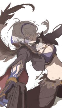 1girl absurdres aiming aiming_at_viewer black_jacket black_wings blue_bra bra breasts closed_mouth cropped_jacket feathered_wings galbrena_(wuthering_waves) grey_hair gun highres holding holding_gun holding_weapon jacket kutu looking_at_viewer medium_breasts medium_hair navel open_clothes open_jacket purple_eyes simple_background single_wing sketch solo stomach underwear weapon white_background wings wuthering_waves