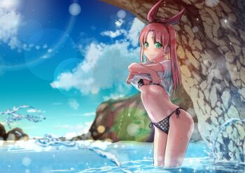 Rule 34 | 1girl, arched back, arms up, ass, bikini, blue sky, blush, bow, breasts, cave, closed mouth, cloud, cowboy shot, day, green eyes, hair bow, kusu (moo1225), lake, laura newfield, long hair, looking at viewer, navel, outdoors, parted bangs, pink hair, red bow, ribbon, see-through clothes, shirt, side-tie bikini bottom, sky, smile, solo, sunlight, swimsuit, t-shirt, thighs, undressing, water, water drop, wet, wet clothes, wet shirt, wet swimsuit, yuukyuu gensoukyoku