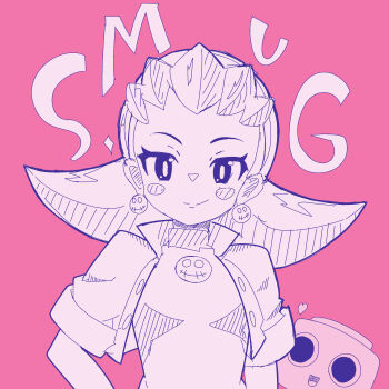 1girl blush_stickers brooch commentary_request cropped_jacket earrings english_text heart highres jewelry lineart looking_at_viewer mega_man_(series) mega_man_legends_(series) monochrome pink_background pink_theme servbot_(mega_man) skull_brooch skull_earrings smug tron_bonne_(mega_man) upper_body yodok