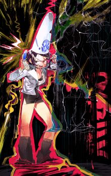 1girl absurdres annoyed cellphone commentary english_commentary flip_phone highres holding holding_phone linween open_mouth original phone police police_uniform policewoman scar scar_across_eye scar_on_face solo tall_hat