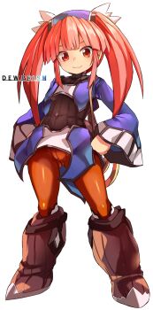 1girl boots breasts chakram closed_mouth commentary_request copyright_name dewprism full_body highres karukan_(monjya) knee_boots long_hair long_sleeves looking_at_viewer mint_(dewprism) orange_leggings orange_pantyhose pantyhose pink_hair red_eyes simple_background small_breasts smile solo twintails weapon white_background