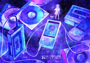 1girl cat cd_case commentary_request company_connection mp3_player digital_walkman earphones mini_person minigirl musical_note object_focus original purple_theme solo sony standing star_(sky) wakusei_habuti walkman watermark