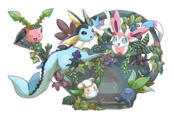 blue_eyes bow commentary cottonee fins flower gen_1_pokemon gen_2_pokemon gen_5_pokemon gen_6_pokemon head_fins highres hoppip nintendo no_humans oddish open_mouth orange_eyes plant pokemon pokemon_(creature) red_eyes ribbon smile sylveon symbol-only_commentary vaporeon volpecorvo watering_can yellow_eyes
