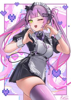 ;d apron black_dress blush breasts commentary_request demon_tail dress fang frills gradient_hair green_eyes hair_ornament hairclip heart heart_hands highres hololive looking_at_viewer maid_apron maid_headdress medium_breasts multicolored_hair nattoushouyu3 one_eye_closed open_mouth pink_thighhighs pleated_dress sidelocks signature skin_fang smile tail thighhighs tokoyami_towa virtual_youtuber