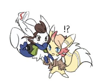 !? 1boy 1girl ahoge alternate_color blue_eyes brown_hair brown_jacket closed_mouth clothed_pokemon commentary furrification furry gen_6_pokemon green_jacket harmony_(pokemon) jacket long_sleeves meowstic meowstic_(female) meowstic_(male) nintendo open_clothes open_jacket open_mouth pokemon pokemon_(creature) pokemon_legends:_z-a shiny_pokemon simple_background sweatdrop urbain_(pokemon) white_background xlii_idk