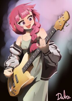 1girl :d absurdres bare_shoulders black_nails bocchi_the_rock! braid braided_ponytail breasts collarbone cowboy_shot dress dulire electric_guitar fang green_dress guitar head_tilt highres hiroi_kikuri holding holding_guitar holding_instrument instrument jacket jacket_partially_removed jewelry long_hair long_sleeves looking_at_viewer looking_down low-braided_long_hair low-tied_long_hair low_ponytail open_clothes open_jacket open_mouth pink_hair playing_guitar playing_instrument ponytail purple_eyes purple_hair sailor_dress side_braid sleeveless sleeveless_dress small_breasts smile solo standing teeth