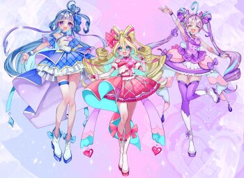 Rule 34 | 3girls, absurdres, ahoge, aokaze nana, arm up, armpits, arms up, blonde hair, blue eyes, blue hair, blue skirt, blush, bow, breasts, brooch, commentary, crop top, cure idol, cure kyunkyun, cure wink, detached sleeves, double bun, dress, earrings, hair between eyes, hair bun, hair ornament, headphones, heart, heart brooch, heart hands, highres, idol, idol clothes, idol heart incom, jewelry, kimi to idol precure, long hair, looking at viewer, midriff, multicolored hair, multiple girls, nizakana takaharu, one eye closed, open mouth, orange eyes, pink hair, pink skirt, plaid bow, plaid clothes, plaid skirt, plaid sleeves, precure, purple dress, purple eyes, purple hair, purple skirt, purple thighhighs, sakura uta (precure), shigure kokoro, short sleeves, simple background, skirt, small breasts, smile, standing, standing on one leg, thighhighs
