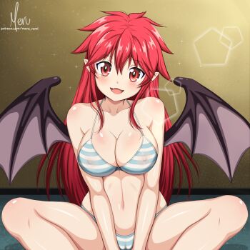 1girl arm_support artist_request bare_legs bat_wings bra breast_press breasts cameltoe cleavage curvy demon_girl eyes_visible_through_hair fang female_focus indoors itadaki!_seieki jacket large_breasts long_hair looking_at_viewer meru_rumi naughty_face nipples open_mouth panties pointy_ears red_eyes red_hair setogaya_mari shiny_skin side-tie_panties sitting smile solo spread_legs striped_clothes striped_panties underwear wings