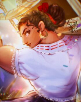 1girl brown_eyes brown_hair colombian_clothes commentary curly_hair dark-skinned_female dark_skin earrings encanto english_commentary highres jewelry luisa_madrigal muscular muscular_female roytheart shirt short_hair skirt smile