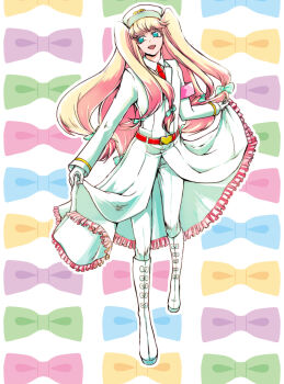 Rule 34 | 1boy, androgynous, armband, artist request, belt, blonde hair, blue eyes, boots, bow, buckle, coat dress, crossdressing, crossdressing (mtf), dress, formal clothes, frilled dress, frills, gloves, hair bow, hair ornament, happy, hat, heart, heart-shaped buckle, holding, holding unworn clothes, holding unworn dress, leggings, lipstick, long hair, looking to the side, makeup, male focus, nanbaka, necktie, open mouth, patterned background, platform boots, platform footwear, short twintails, simple background, smile, solo, sugoroku hitoshi, suit, swept bangs, thigh boots, thighhighs, trap, twintails, white background, white gloves