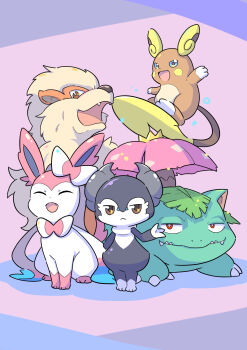 Rule 34 | alolan form, alolan raichu, arcanine, brown eyes, closed eyes, commentary request, dot nose, gen 1 pokemon, gen 6 pokemon, gen 7 pokemon, gen 8 pokemon, highres, indeedee, nintendo, no humans, open mouth, pink background, pokemon, pokemon (creature), rgurei0529, sharp teeth, standing, sylveon, teeth, venusaur