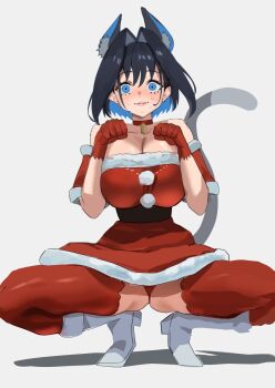 1girl animal_ears ass bare_shoulders bell black_hair blue_eyes blue_hair boots breasts cat_ears cat_girl cat_tail choker cleavage colored_inner_hair dress fanged_bangs full_body fur-trimmed_dress fur_trim hair_intakes hands_up highres hololive hololive_english large_breasts looking_at_viewer multicolored_hair neck_bell off-shoulder_dress off_shoulder ouro_kronii panties panty_peek paw_pose pom_pom_(clothes) red_choker red_dress red_panties red_thighhighs redi_(rasec_asdjh) short_dress short_hair short_sleeves simple_background solo squatting straight-on tail thigh_boots thighhighs underwear virtual_youtuber white_background white_boots