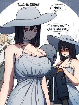 1boy 2girls absurdres alice_thymefield bare_shoulders black_hair blonde_hair breasts choker cleavage dorahdew dress english_text grey_hair hat highres huge_breasts lady_in_white_(zenless_zone_zero) large_breasts long_hair multiple_girls red_eyes sleeveless sleeveless_dress sundress white_choker white_dress white_hat wise_(zenless_zone_zero) zenless_zone_zero