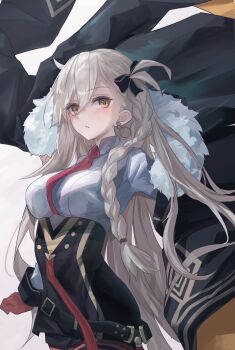 1girl absurdres blush braid breasts commentary_request earrings fate/grand_order fate_(series) gloves grey_hair hair_between_eyes highres jewelry long_hair medium_breasts necktie olga_marie_animusphere olga_marie_animusphere_(unbeast) parted_lips red_gloves red_necktie shirt side_braid solo white_shirt yellow_eyes zasyuu_11