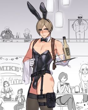 3girls 5boys alcohol animal_ears belt binoculars black_bow black_bowtie blue_eyes blush bottle bow bowtie brown_hair bulge cowboy_shot detached_collar fake_animal_ears fake_tail garter_straps gloves highres leon_s._kennedy leotard male_playboy_bunny mokotoko9 multiple_boys multiple_girls nipple_slip nipples pectorals pouch rabbit_ears rabbit_tail resident_evil resident_evil_4 resident_evil_4_(remake) short_hair smile strapless strapless_leotard sunglasses tail thigh_pouch thighhighs tray white_gloves
