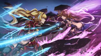2girls armor battle beatrix_(granblue_fantasy) bikini blonde_hair blue_armor blue_eyes breasts brown_eyes brown_hair cleavage commentary english_commentary granblue_fantasy highres long_hair multiple_girls polearm ponytail red_armor red_bikini skyde_kei spear swimsuit twintails twintails_with_braided_base weapon zeta_(granblue_fantasy)