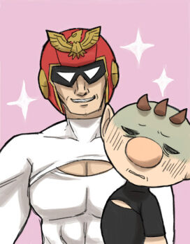 2boys alternate_costume bags_under_eyes black_shirt blush brown_hair captain_falcon cleavage_cutout clenched_teeth closed_eyes clothing_cutout commentary_request covered_abs covered_collarbone disgust f-zero furrowed_brow grin height_difference helmet long_sleeves looking_at_viewer male_focus multiple_boys naru_(wish_field) nintendo olimar parted_lips pectoral_cleavage pectorals pikmin_(series) pink_background pointy_ears red_helmet shirt short_hair short_sleeves simple_background smile sparkle standing super_smash_bros. teeth tight_clothes tight_shirt toned toned_male turn_pale turtleneck turtleneck_shirt upper_body very_short_hair wavy_mouth white_shirt