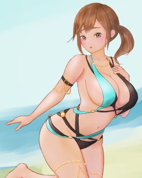 1girl beach breasts brown_eyes brown_hair cleavage dead_or_alive dead_or_alive_xtreme dead_or_alive_xtreme_venus_vacation highres jewelry large_breasts misaki_(doa) necklace ocean side_ponytail solo swimsuit