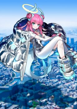 1girl asymmetrical_horns asymmetrical_legwear blue_background blue_eyes blue_horns blue_tail boots breasts cleavage_cutout closed_mouth clothing_cutout coat crossed_legs day double_bun dragon_girl dragon_horns dragon_tail dress elbow_gloves elizabeth_bathory_(fate) elizabeth_bathory_(perfect)_(fate) elizabeth_bathory_(perfect)_(second_ascension)_(fate) expressionless fate/grand_order fate_(series) fingerless_gloves floating floating_clothes floating_hair full_body game_cg gloves grey_boots grey_dress hair_bun halo high_collar horns invisible_chair long_hair long_sidelocks looking_at_viewer official_art outdoors pantyhose pink_hair pink_nails pointy_ears puffy_coat short_dress short_sleeves side_slit sidelocks single_leg_pantyhose sitting small_breasts solo tail thigh_strap third-party_source uneven_horns wada_arco white_coat white_gloves white_pantyhose yellow_halo