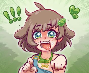 ! !! 1girl ahoge animal_ears blush brown_hair collar dog_ears dog_girl female fingernails freckles green_eyes hair_bobbles hair_ornament heart highres indie_virtual_youtuber lily_hopkins loli nail_polish nymphedahlia open_mouth overalls saliva short_hair teeth tongue tongue_out virtual_youtuber