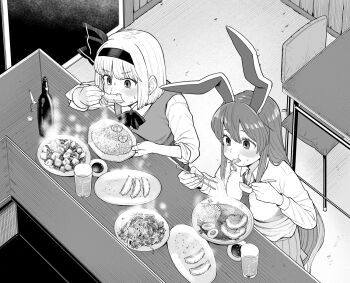 2girls animal_ears blush bottle chopsticks cup dumpling eating food food_focus food_in_mouth fried_rice greyscale hairband holding holding_chopsticks indoors jiaozi konpaku_youmu koyama_shigeru long_hair long_sleeves medium_hair monochrome multiple_girls necktie noodles rabbit_ears rabbit_girl ramen reisen_udongein_inaba revision rice shirt sitting sleeves_rolled_up table touhou vest
