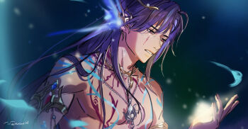1boy armlet blurry blurry_background blurry_foreground body_markings chestnut_lad crying glowing glowing_hand gold_armlet highres jewelry long_hair love_and_deepspace male_focus necklace official_alternate_costume official_alternate_hair_length official_alternate_hairstyle parted_lips pink_eyes purple_hair rafayel_(love_and_deepspace) solo tears topless_male twitter_username upper_body