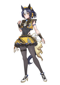 1girl absurdres animal_ears back_bow belt black_hair blue_gem bodystocking bow clothing_cutout commentary_request cropped_jacket dance_in_the_mood_(racehorse) ear_covers frilled_skirt frills fukuro_(maruaru00) gem gold_trim grey_hair hair_between_eyes half_updo highres horse_ears horse_girl horse_tail looking_at_viewer miniskirt original personification pleated_skirt shoes side_cutout simple_background single_ear_cover sketch skirt sleeveless sleeveless_jacket solo tail thigh_belt thigh_strap umamusume white_background white_bow white_shoes wrist_guards yellow_eyes yellow_skirt