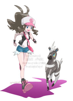 1girl :d bag baseball_cap black_shoes black_vest blitzle blue_eyes blue_shorts breasts brown_hair denim denim_shorts gen_5_pokemon hair_through_headwear handbag hat high_ponytail hilda_(pokemon) long_hair looking_at_another nintendo open_mouth pokemon pokemon_(creature) pokemon_bw pokepokekonpeki ponytail running shoes short_shorts shorts sidelocks simple_background small_breasts smile tank_top very_long_hair vest white_background white_tank_top wristband