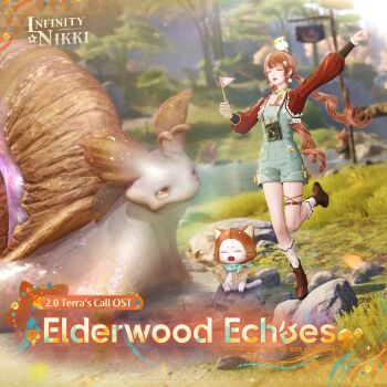 1girl 3d ^_^ album_cover ambird_(infinity_nikki) animal animal_on_head ankle_socks aqua_overalls aqua_scarf argyle_clothes argyle_socks artist_request bee_print belt bird bird_on_head blue_sky boots bow bow_choker bowtie brown_belt brown_boots brown_cloak brown_hair cat choker cloak closed_eyes clothed_animal commentary copyright_logo cover crying drill_hair ear_covers earrings english_commentary english_text flag forest frilled_jacket frilled_sleeves frilled_socks frills fringe_trim full_body hair_ornament hairclip happy highres holding holding_flag hood hood_up hooded_cloak in-universe_location infinity_nikki jacket jewelry knees lace-up_boots leg_up logo long_hair long_sleeves momo_(nikki) mushroom nature nikki_(series) official_alternate_costume official_art on_head open_clothes open_jacket open_mouth overalls oversized_animal plaid_clothes plaid_scarf pocket pom_pom_(clothes) pom_pom_earrings print_overalls puffy_long_sleeves puffy_sleeves red_jacket river rock scarf second-party_source shadow sign sitting sky smile snail socks stylist_(nikki) teeth thigh_belt thigh_strap title twin_drills upper_teeth_only very_long_hair wavy_hair white_cat white_socks wind yellow_bow yellow_bowtie yellow_choker