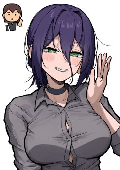 1girl absurdres aguxxxuu black_choker breasts button_gap chainsaw_man choker green_eyes grenade_pin grey_shirt grin hair_between_eyes highres large_breasts purple_hair reference_inset reze_(chainsaw_man) shirt simple_background smile solo white_background