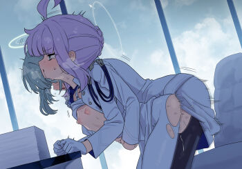 1futa 1girl absurdres ahoge bent_over black_pantyhose blue_archive blush clothed_sex cloud cloudy_sky drooling flat_chest from_side futa_with_female futanari gloves grey_hair halo hara_(user_hwax5447) highres hug hug_from_behind implied_futanari jacket kaya_(blue_archive) long_sleeves nipples open_mouth pantyhose paper_stack pink_hair sex sex_from_behind sidelocks sky tearing_up torn_clothes torn_pantyhose white_gloves white_jacket white_pantyhose window