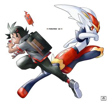 1990s_(style) 1boy animal_ears antenna_hair backpack bag between_fingers black_hair black_pants blue_eyes cellphone character_name cinderace dark-skinned_male dark_skin from_side full_body furry gen_4_pokemon gen_8_pokemon goh_(pokemon) grey_shirt grey_shoes hair_ornament hairclip hands_up highres holding holding_poke_ball knee_up looking_at_viewer male_focus multicolored_fur nintendo overlord_jc pants parody phone poke_ball poke_ball_(basic) pokemon pokemon_(anime) pokemon_(creature) pokemon_focus pokemon_journeys pokemon_rgby_(style) profile rabbit_ears red_fur red_socks retro_artstyle rotom rotom_phone shirt shoes short_hair short_sleeves sideways_glance simple_background smartphone smile socks style_parody sugimori_ken_(style) v-shaped_eyebrows white_background white_fur