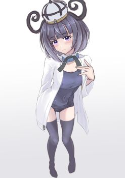 1girl absurdres arm_behind_back black_ribbon black_thighhighs blush bob_cut breasts closed_mouth coat cyde full_body gwynn_(pokemon) hat highres long_sleeves looking_at_viewer nintendo one-piece_swimsuit open_clothes open_coat pokemon pokemon_legends:_z-a purple_eyes purple_hair ribbon short_hair small_breasts solo swimsuit thighhighs white_background white_coat