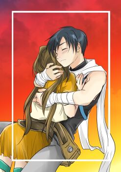 1boy 1girl ass blue_hair brown_hair closed_eyes couple eiyuu_densetsu estelle_bright hand_on_another's_head highres hug joshua_bright legs long_hair pants scarf short_hair sitting skirt sora_no_kiseki thighs twintails