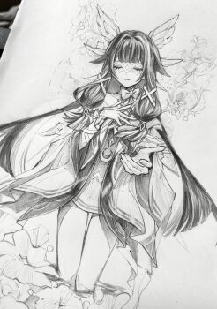 Rule 34 | 1girl, absurdres, bosonn 13, bow, bowtie, closed eyes, closed mouth, columbina (genshin impact), commentary, crescent, dress, fingernails, flower, genshin impact, hair ornament, hand on own chest, highres, long hair, outstretched arm, solo, symbol-only commentary, traditional media, very long hair, wing hair ornament