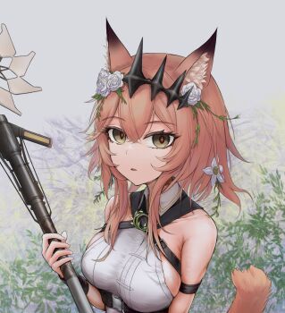 1girl absurdres animal_ear_fluff animal_ears arknights bare_shoulders breasts brown_eyes brown_hair collared_shirt commentary english_commentary flower grey_background hair_between_eyes hair_flower hair_ornament hand_up highres holding looking_at_viewer medium_breasts parted_lips rose shirt sideboob sleeveless sleeveless_shirt solo tail upper_body vendela_(arknights) white_flower white_rose white_shirt yongdogi